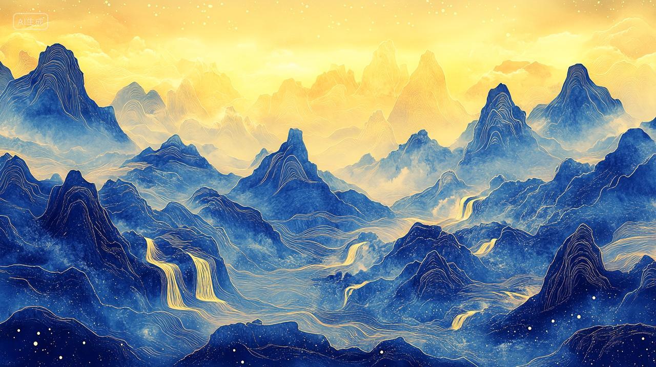 中式蓝金色风格瀑布山峰