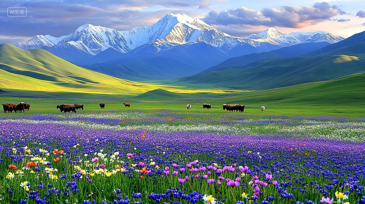 美丽的草原雪山开着烂漫的花朵