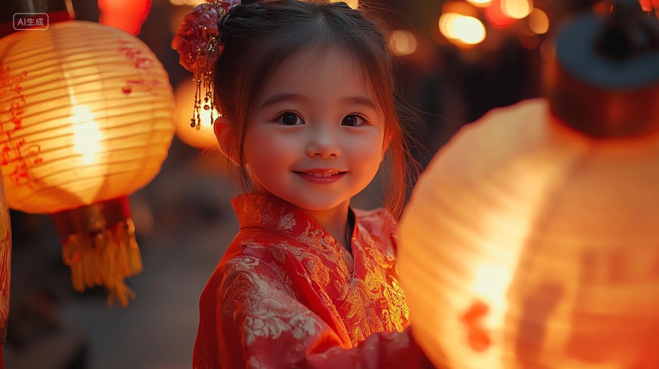 元宵节中国小女孩传统服饰夜晚灯笼温馨浪漫素材插画