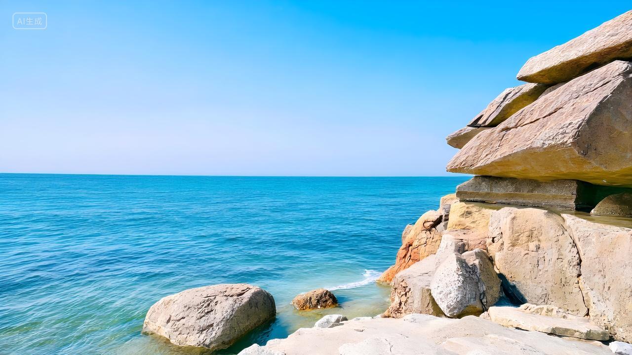 蔚蓝天空海岸边岩石海平面海水海天一线美丽风光