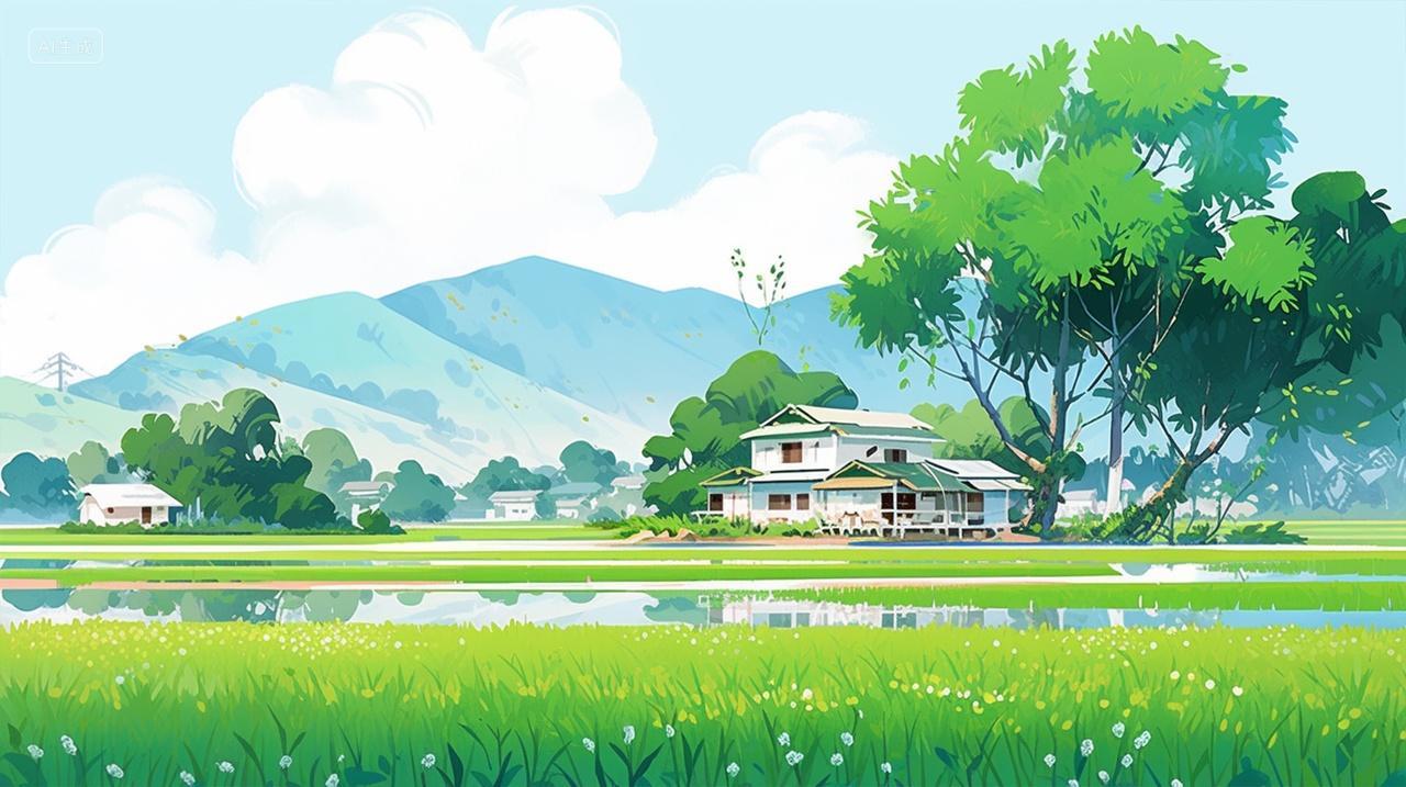 春季乡野村子绿草地大山宁静美丽春季春天春分立春素材背景