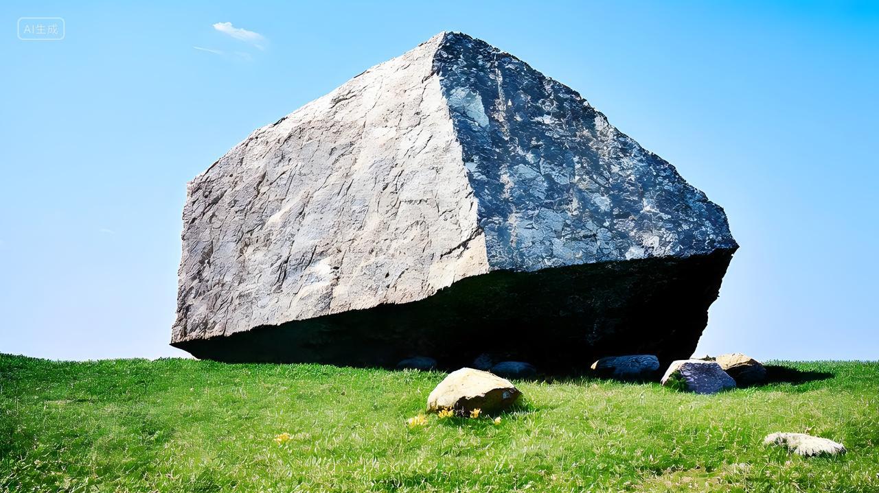 蓝蓝的天空碧绿草原上放置的菱角分明大石头