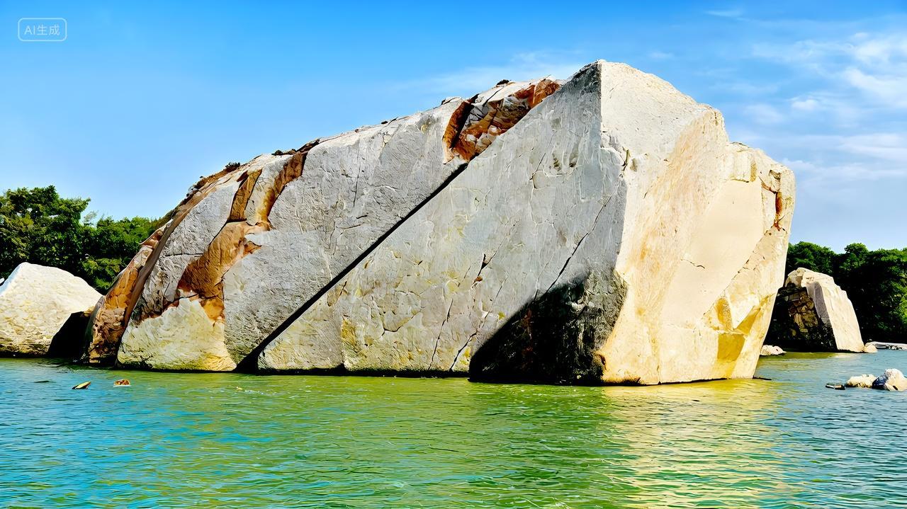 海岸边碧绿海水上一块大石头