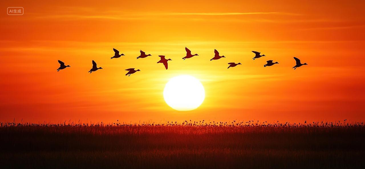 一群白鹭从夕阳下飞过