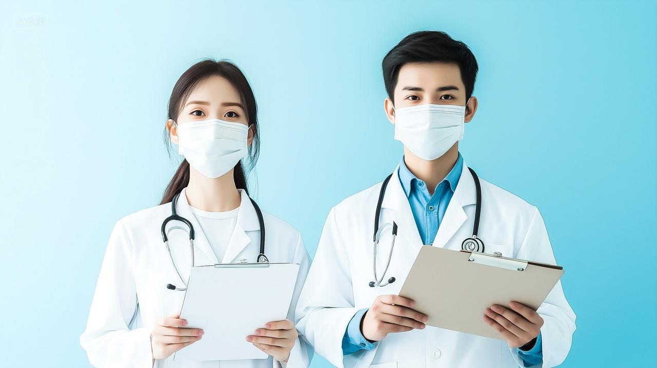 蓝色背景上一男一女医生肖像