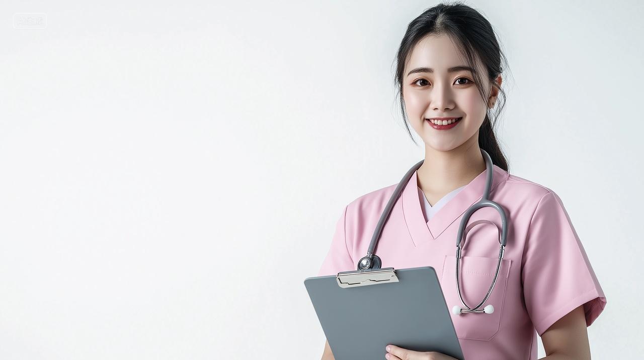 灰色背景上一位年轻女护士面带微笑肖像