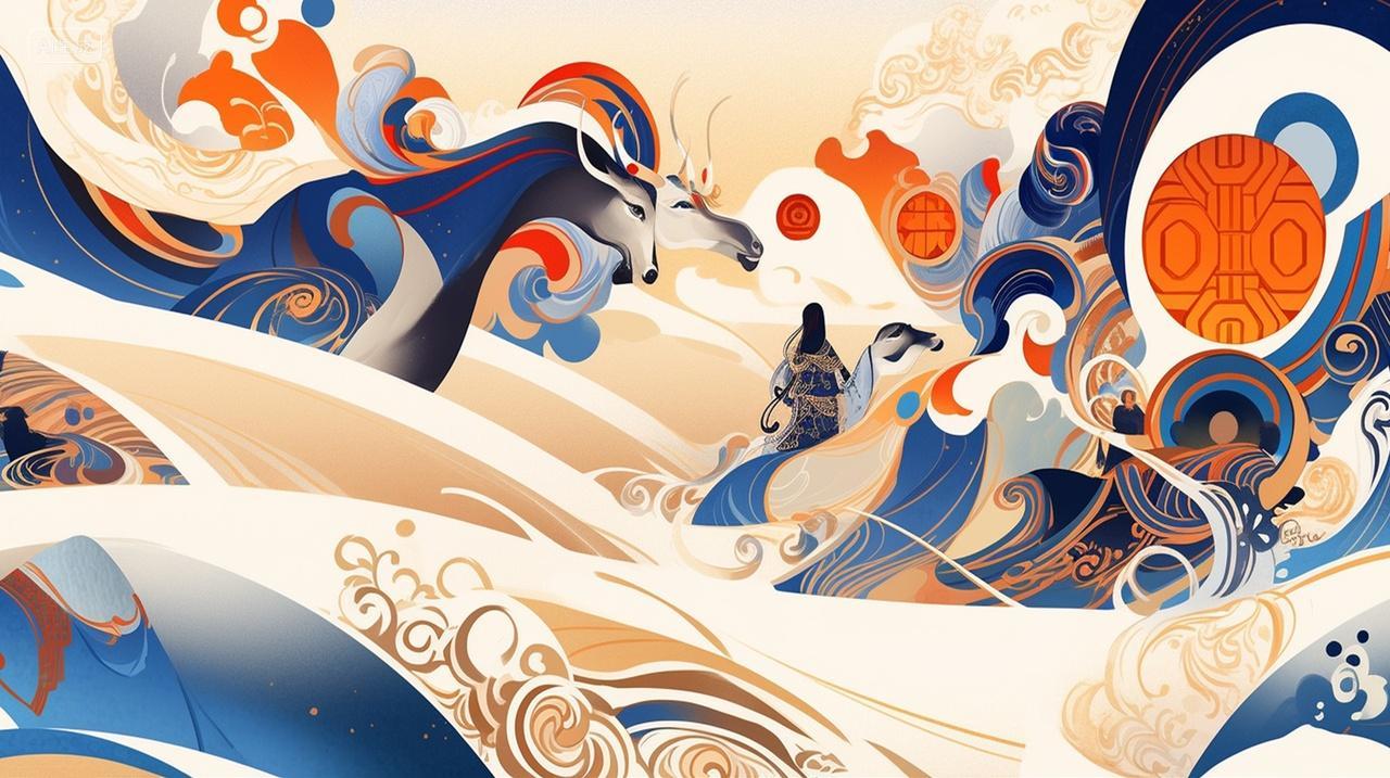 古风色彩鲜艳人骑着马开心热闹美丽敦煌艺术素材插画