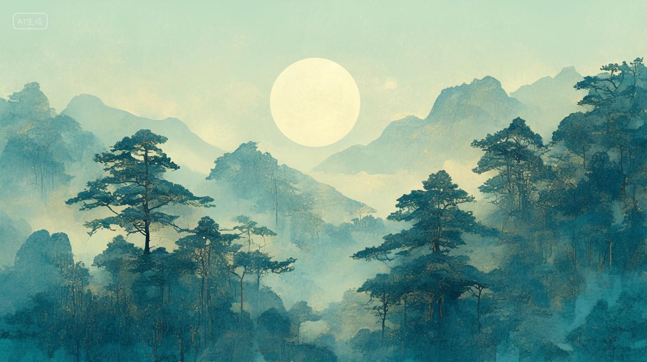 中秋节银辉月亮树林山水风景宁静立秋秋季秋天秋分温馨素材插画