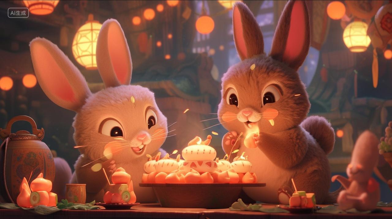 中秋节两只可爱兔子品尝美味月饼温馨浪漫甜蜜素材插画