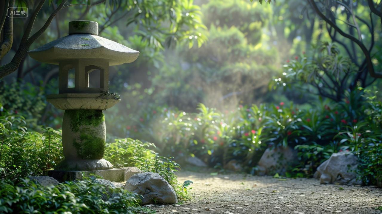 中式园林中的石灯和小路