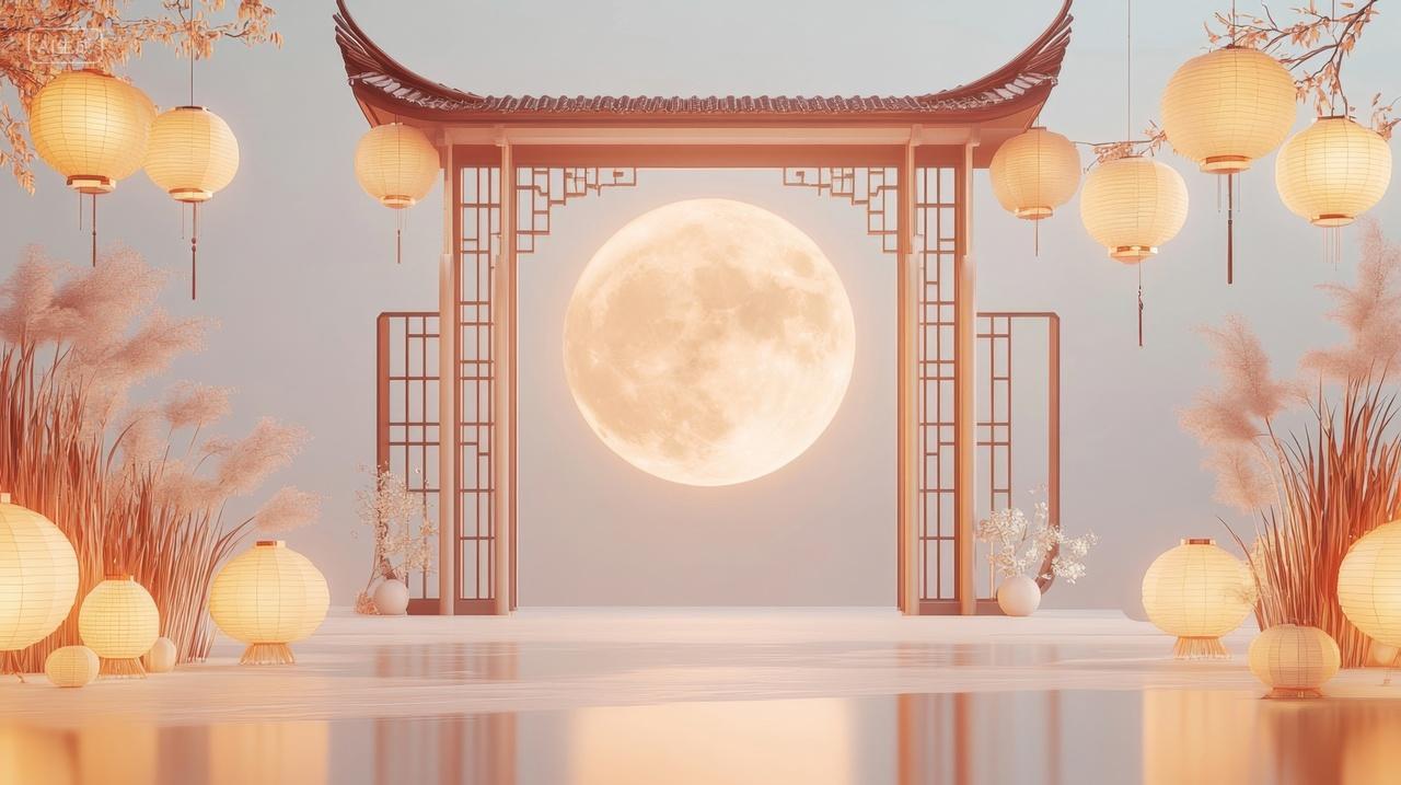 中秋节插图中式门庭后在月亮