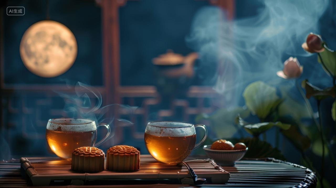 中秋月圆团聚喝茶品月饼