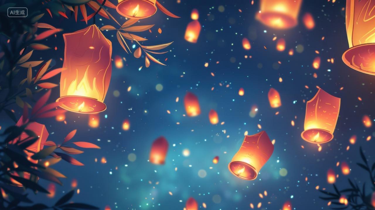 中元节插图飘浮在空中的孔明灯