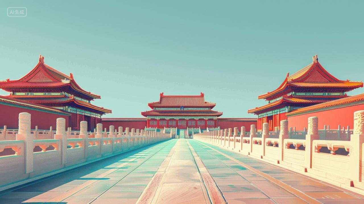 国庆节背景中式长廊和古代建筑