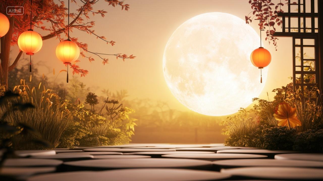 中秋节插画满月月光下的中式场景