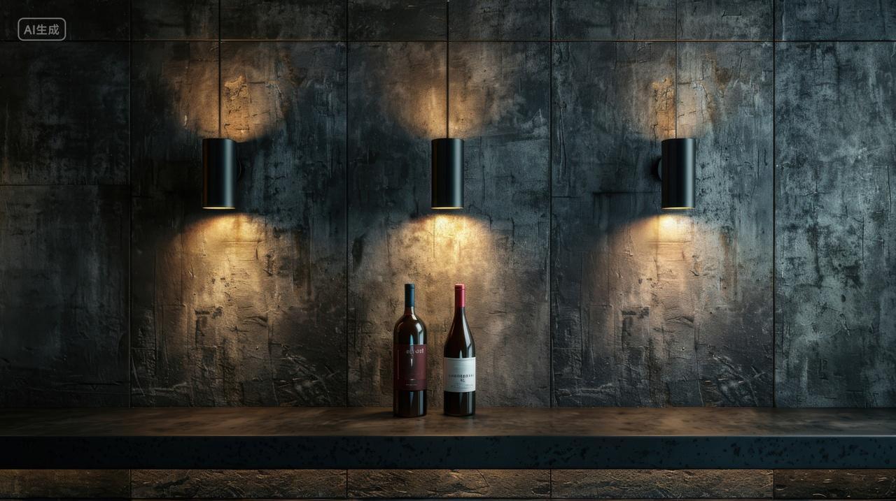 酒瓶与灯光下的工业风墙