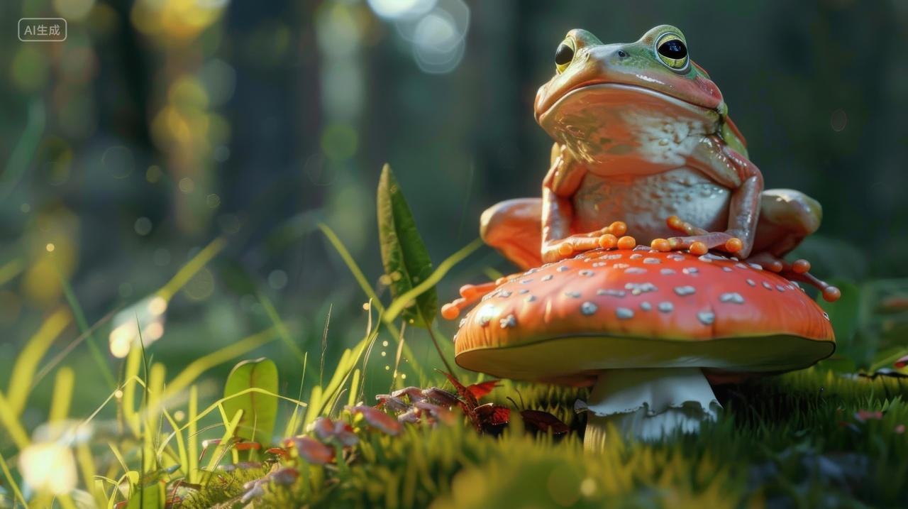 坐在蘑菇上的青蛙