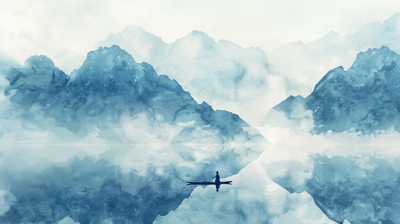 秋季国风云雾湖面倒影水墨立秋秋分古风宁静素材插画