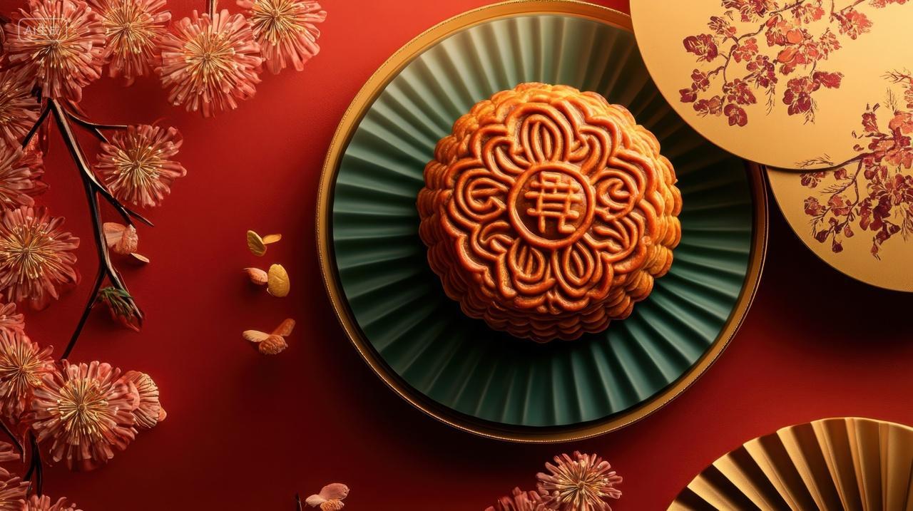 中式中秋节场景俯拍盘子中的月饼