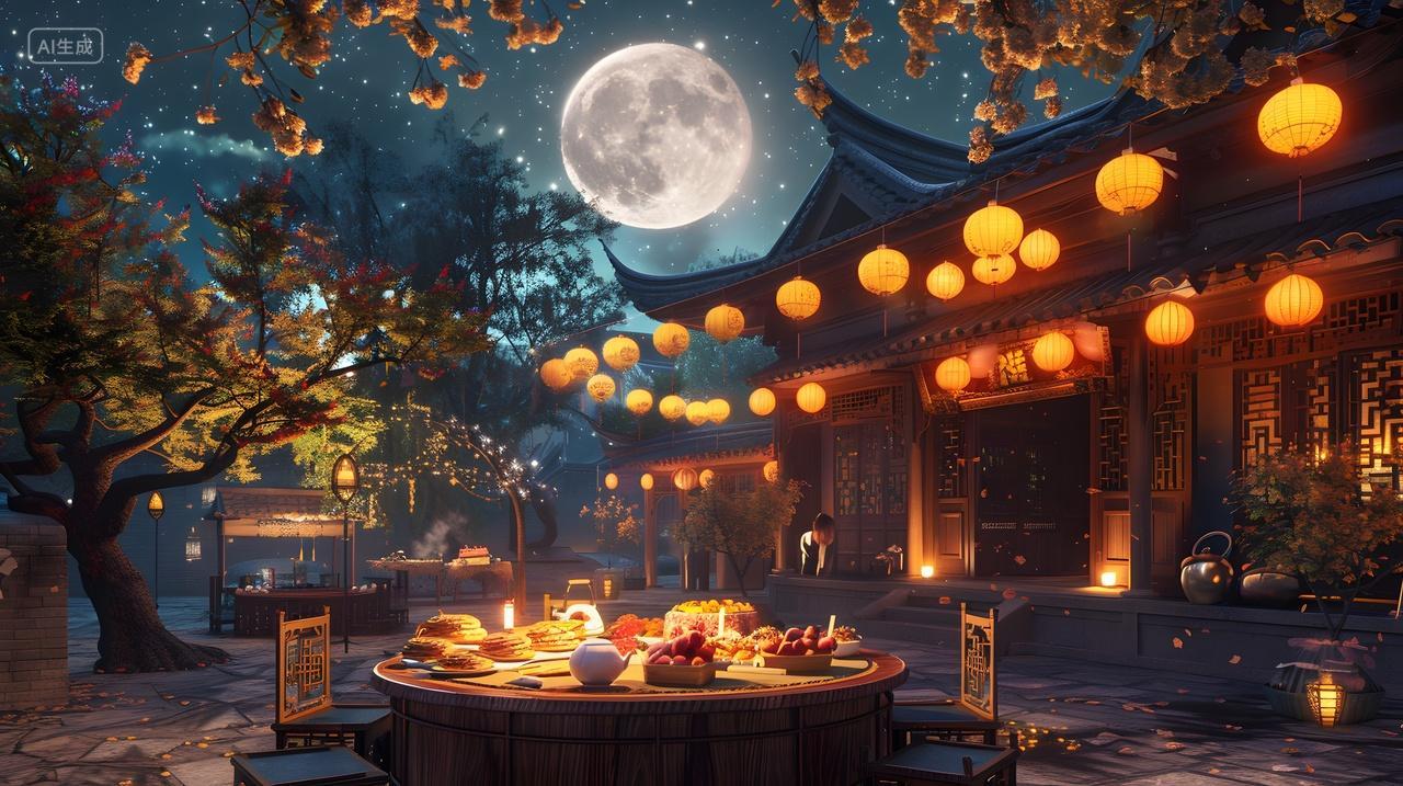 中秋节庭院聚会温馨团圆夜