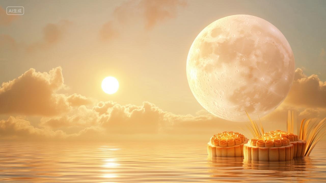 中秋节意境插图月光下的湖面和月饼