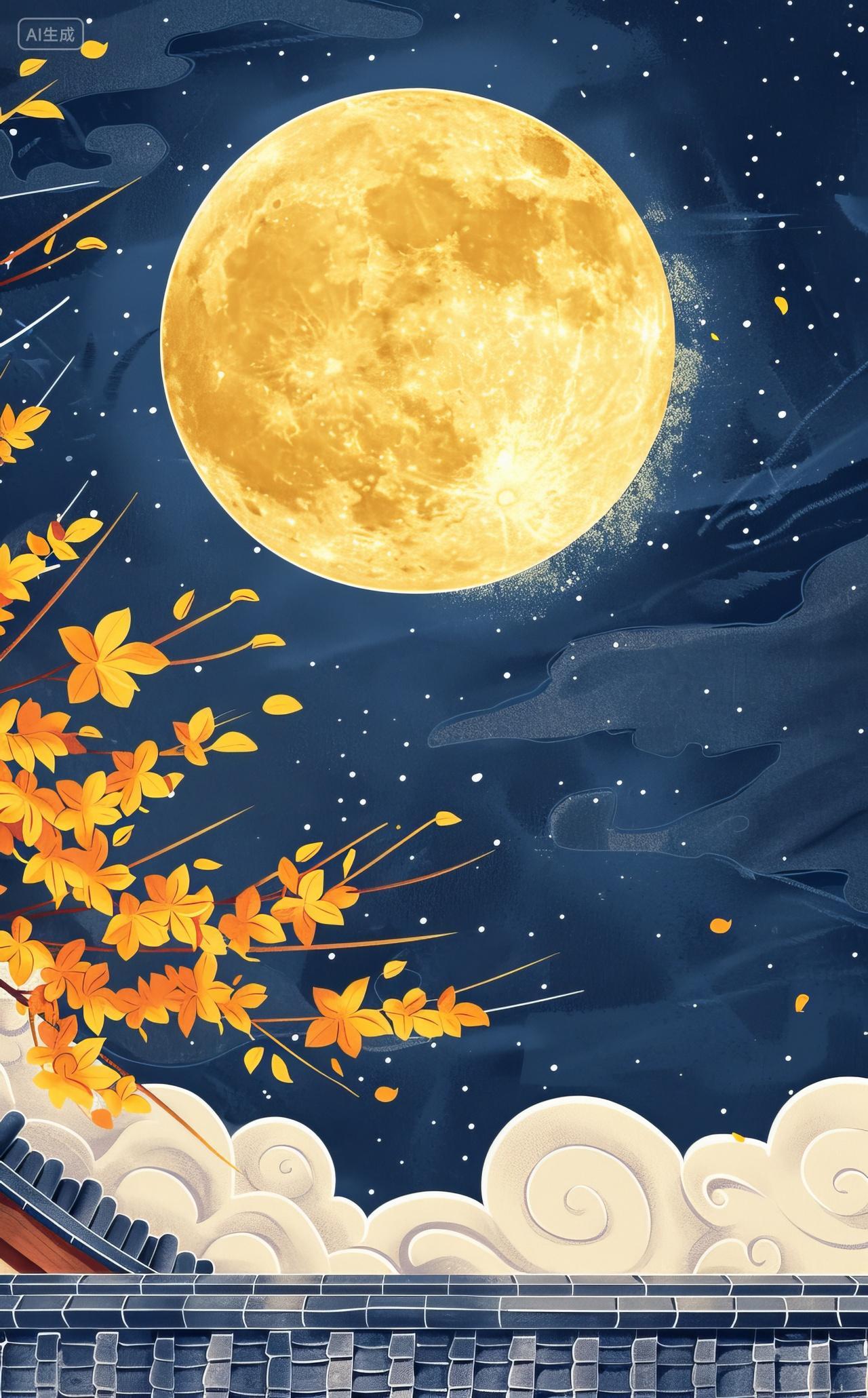 中秋节插图月光下的江南建筑屋顶