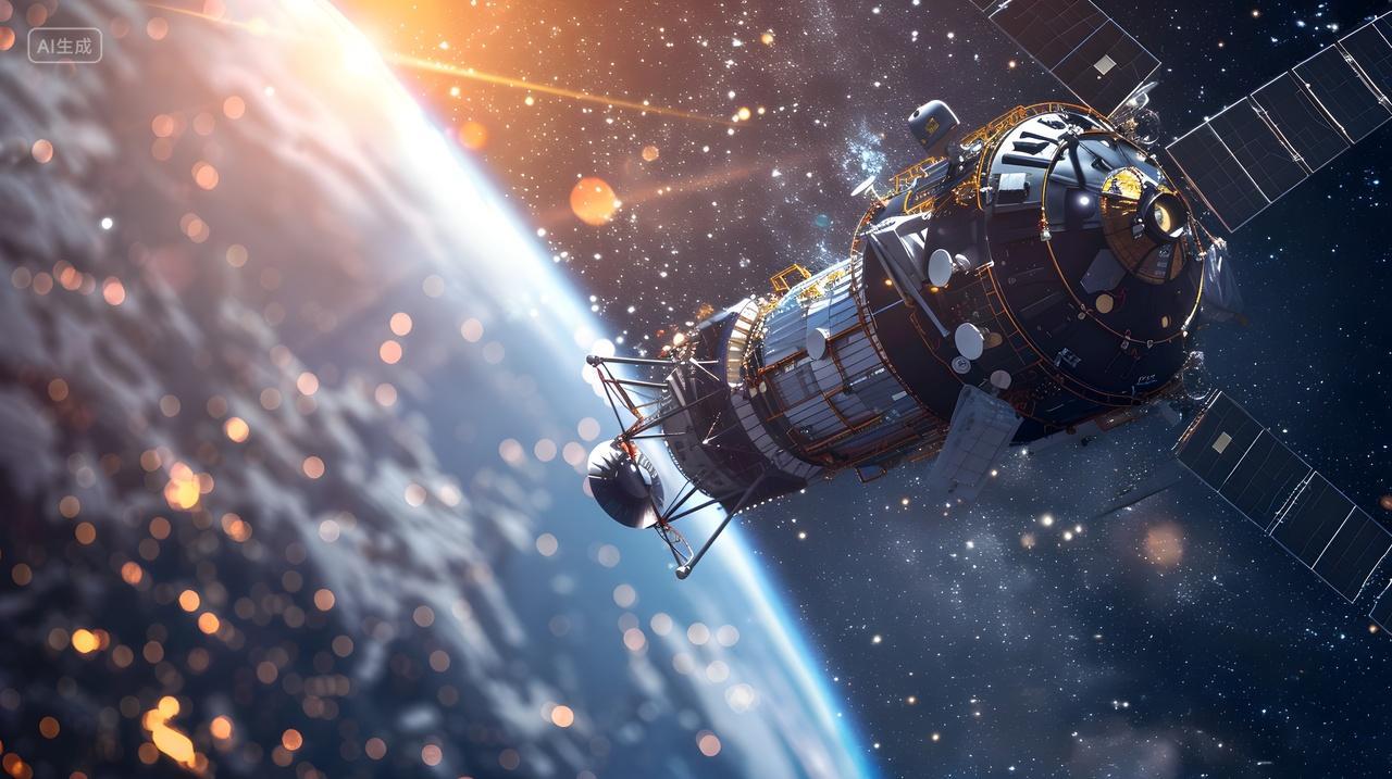 地球轨道上的卫星与宇宙星空背景图