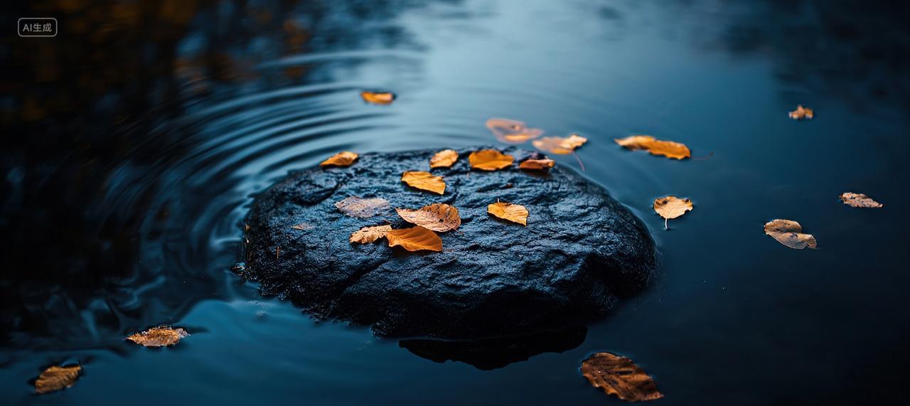 湖水的石块上有几片落叶
