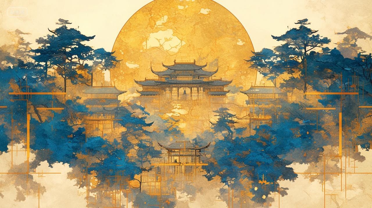 中秋节复古国风鎏金色月亮树林美丽秋季秋分秋天立秋素材背景
