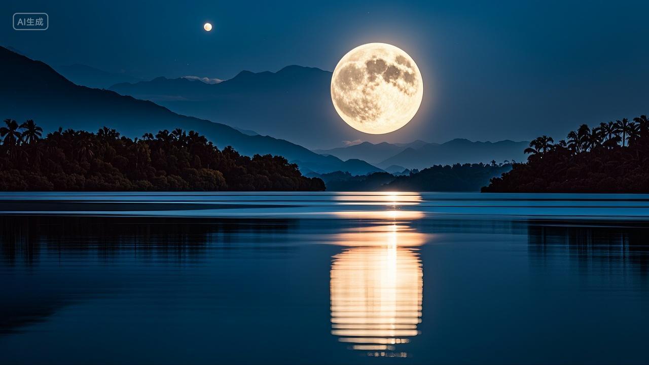 月亮满月水中月夜景中秋节元宵节