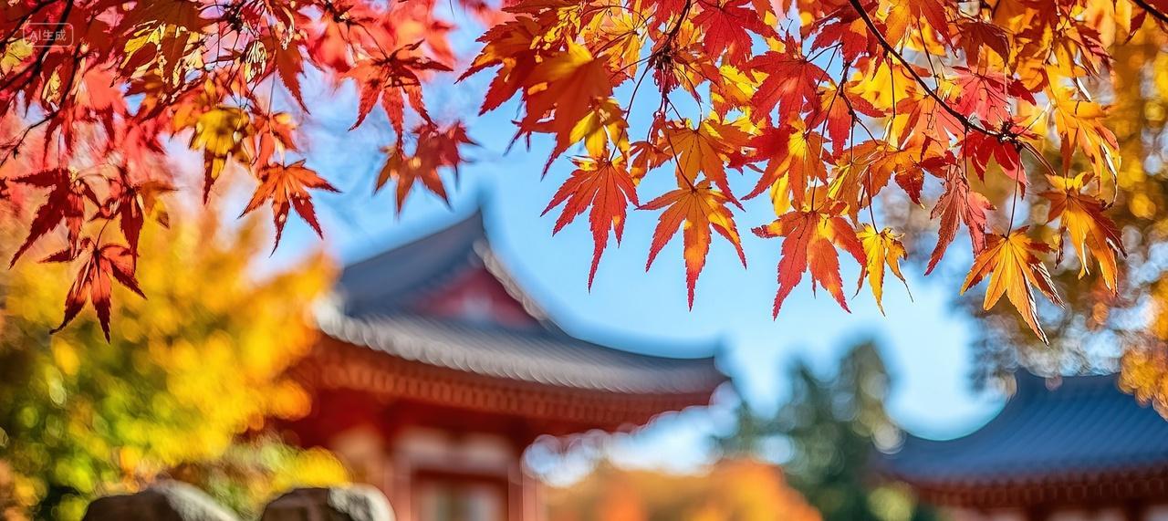 中式建筑前景枫叶