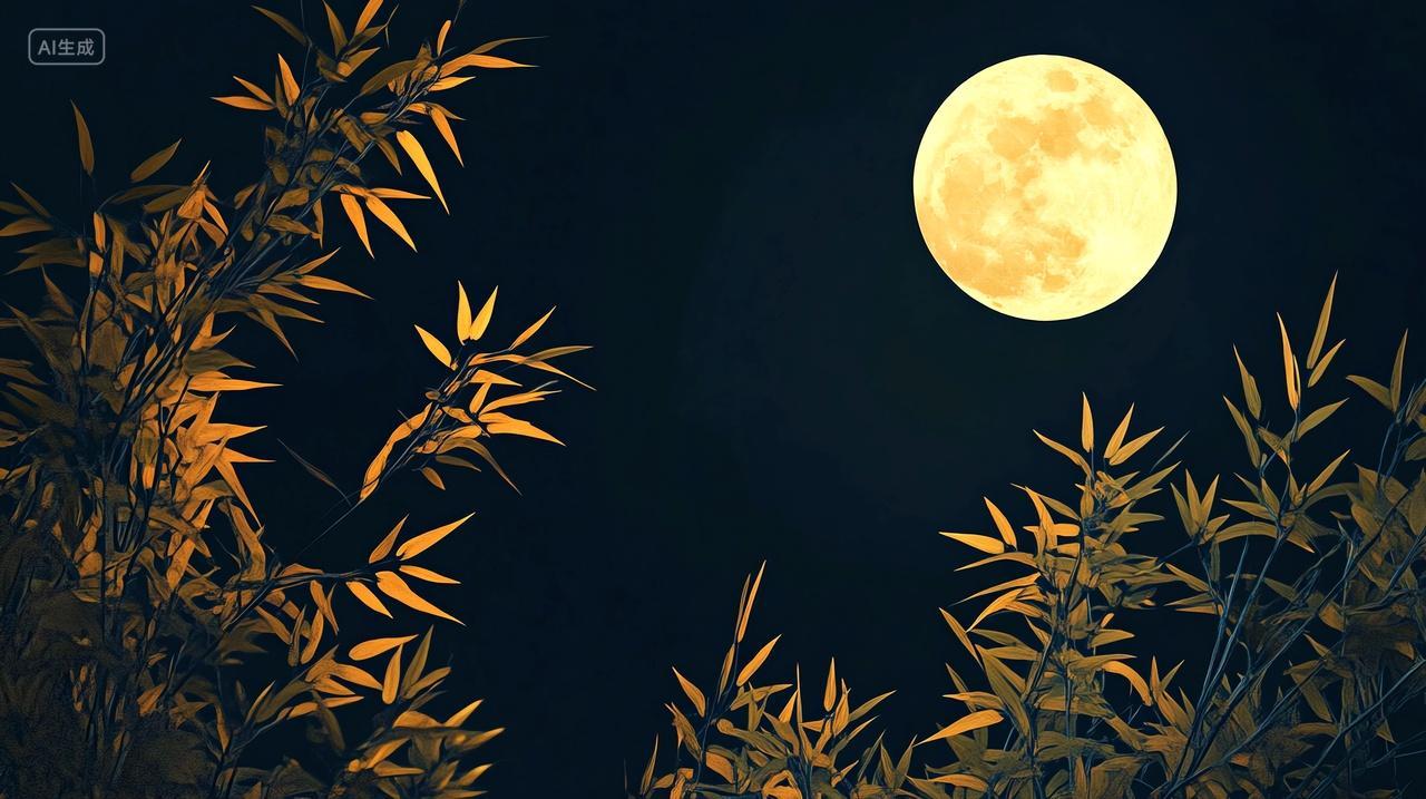 中秋圆月背景下的芦苇泛着丝丝金黄