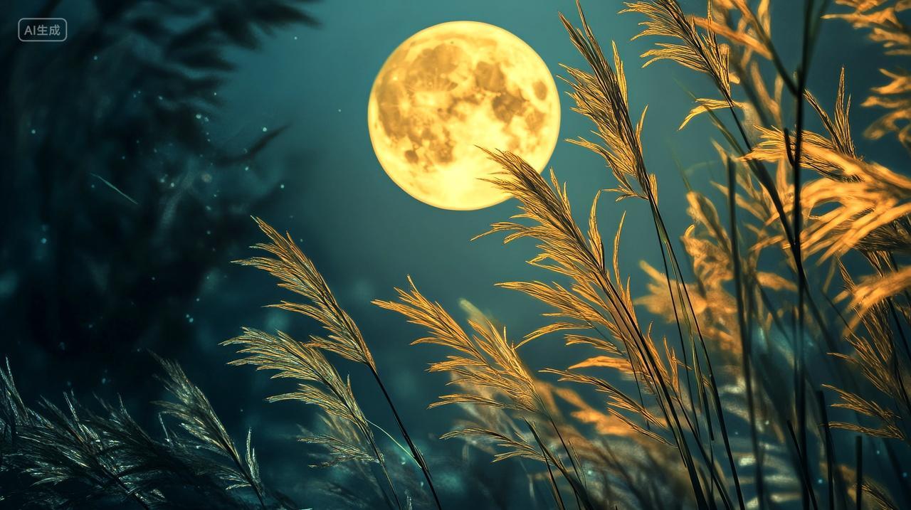 中秋圆月背景下的芦苇泛着丝丝金黄