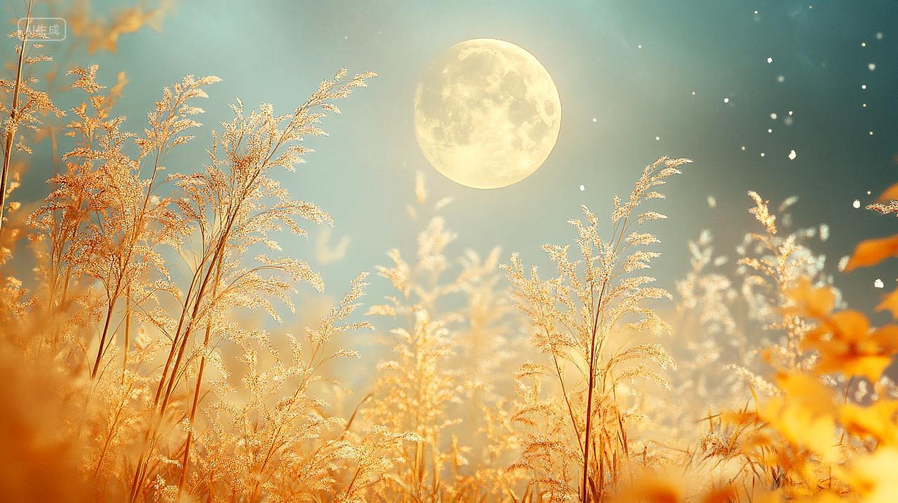 中秋圆月背景下的芦苇泛着丝丝金黄