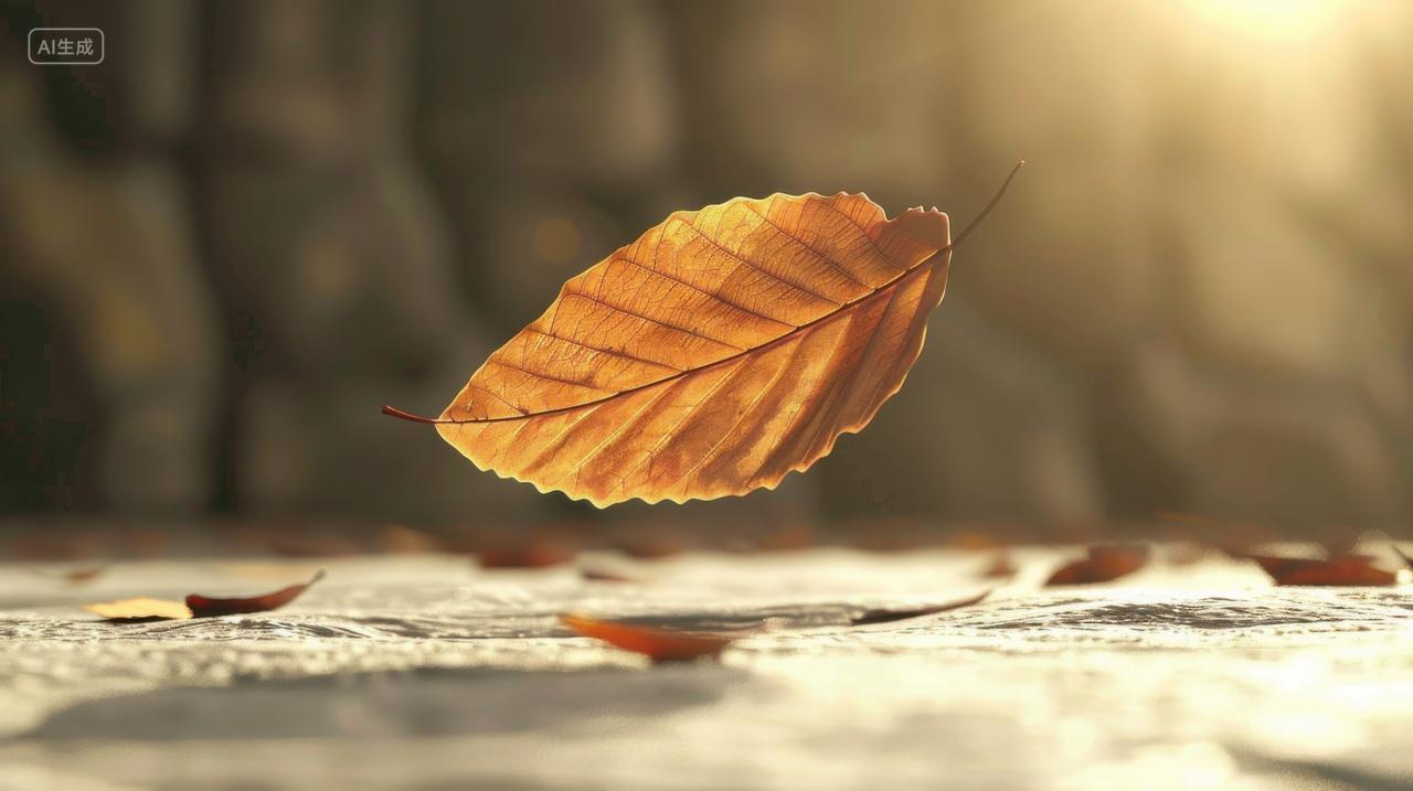 秋天的落叶即将掉落到地面上的定格画面