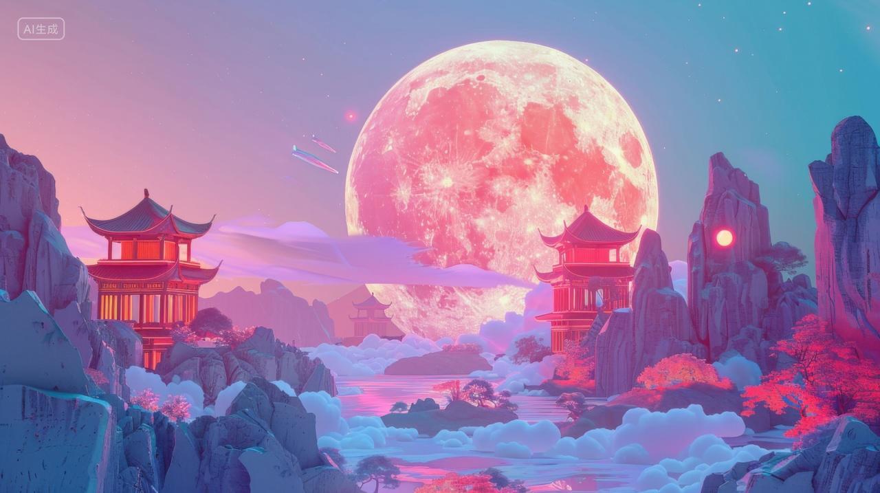 赛博朋克风格中秋月圆下的中式场景