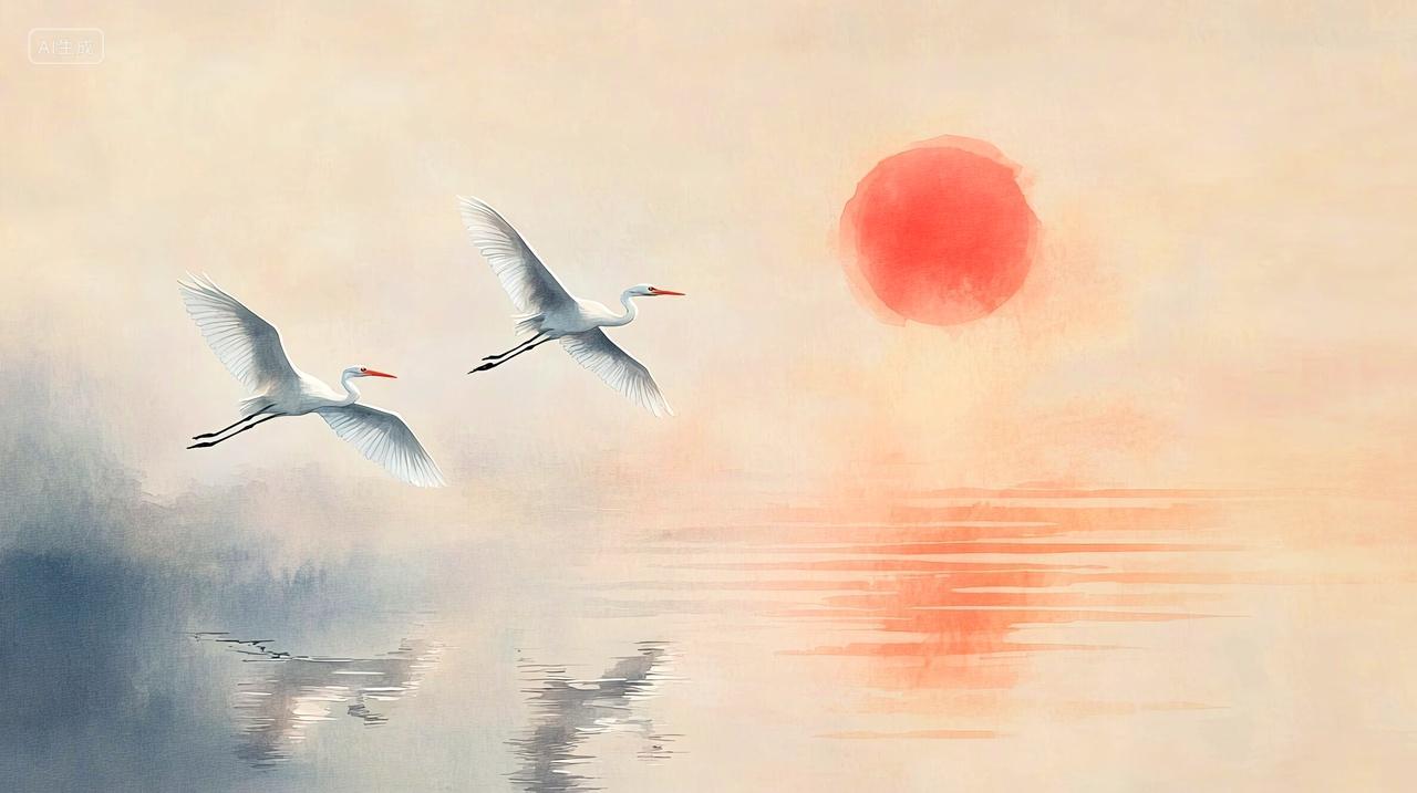 夕阳下的白鹭自由自在的飞翔