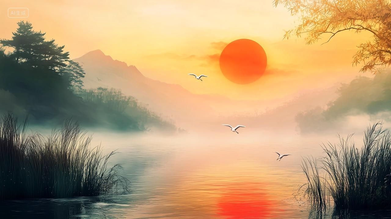 夕阳下的白鹭自由自在的飞翔