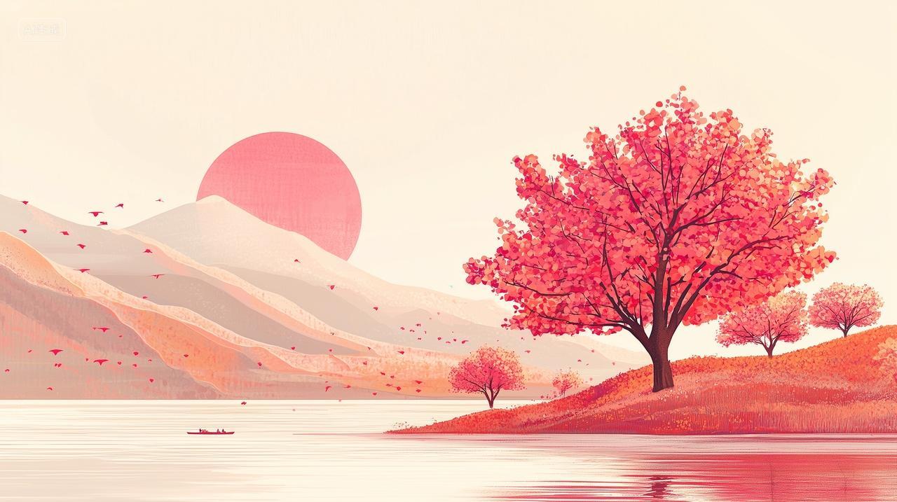 红色日出下的湖边秋景插画