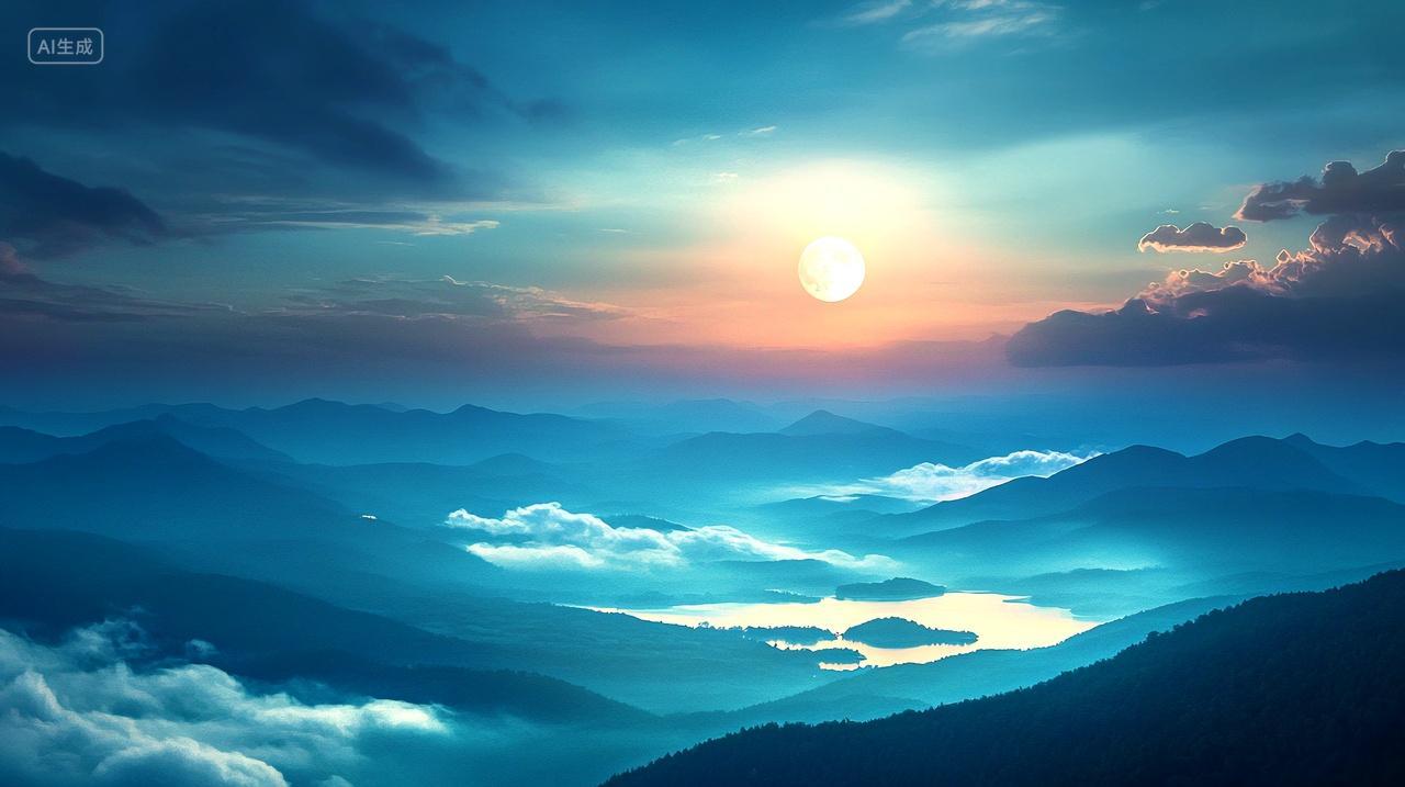 傍晚的彩云和圆月