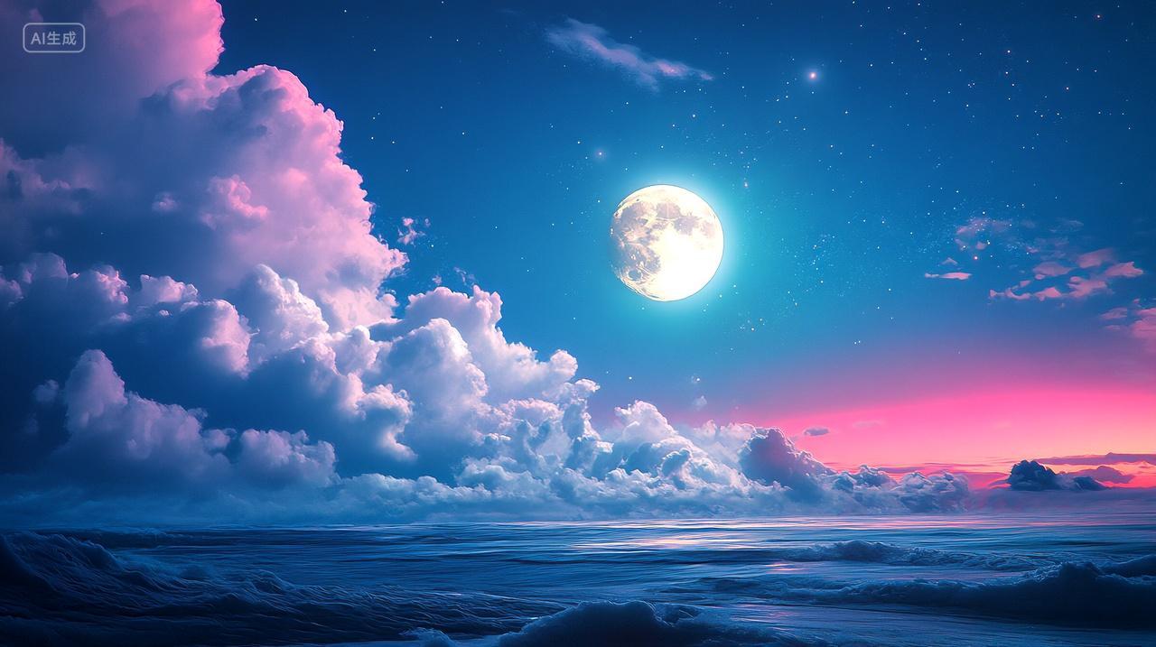 傍晚的彩云和圆月