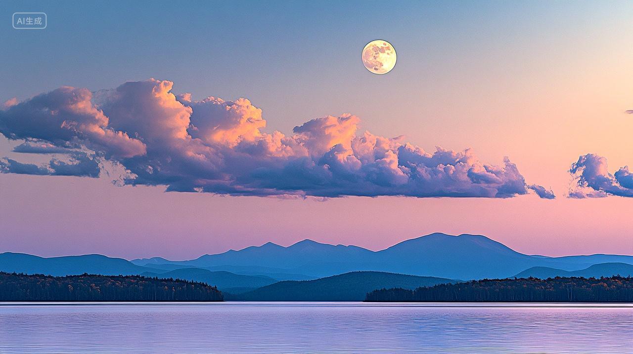 傍晚的彩云和圆月