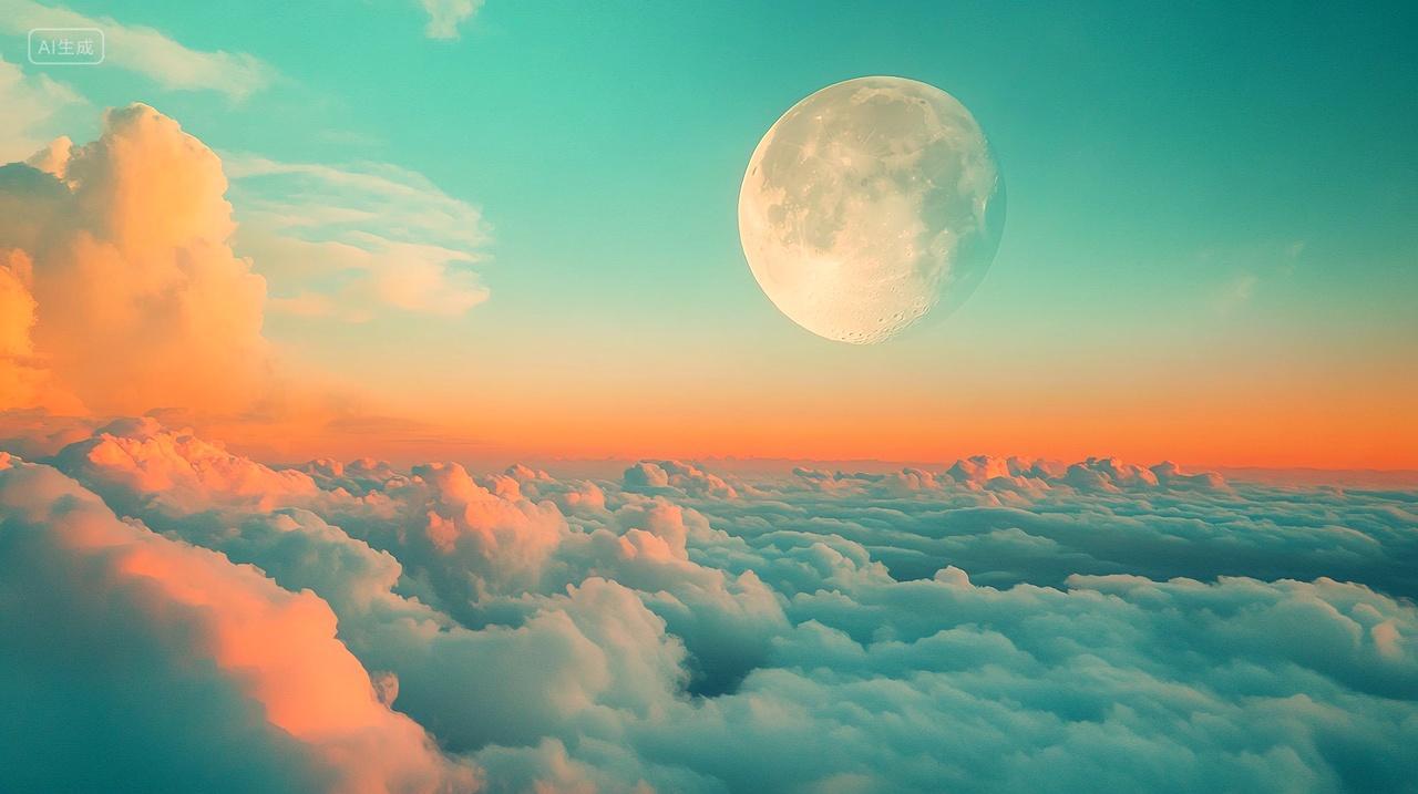 傍晚的彩云和圆月