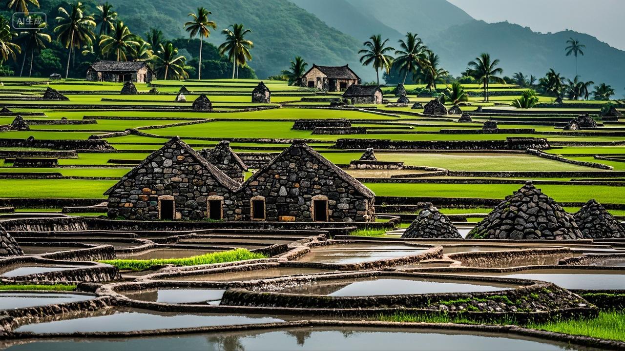 海南儋州盐丁村古盐田里的石屋与石堆风景壁纸旅游