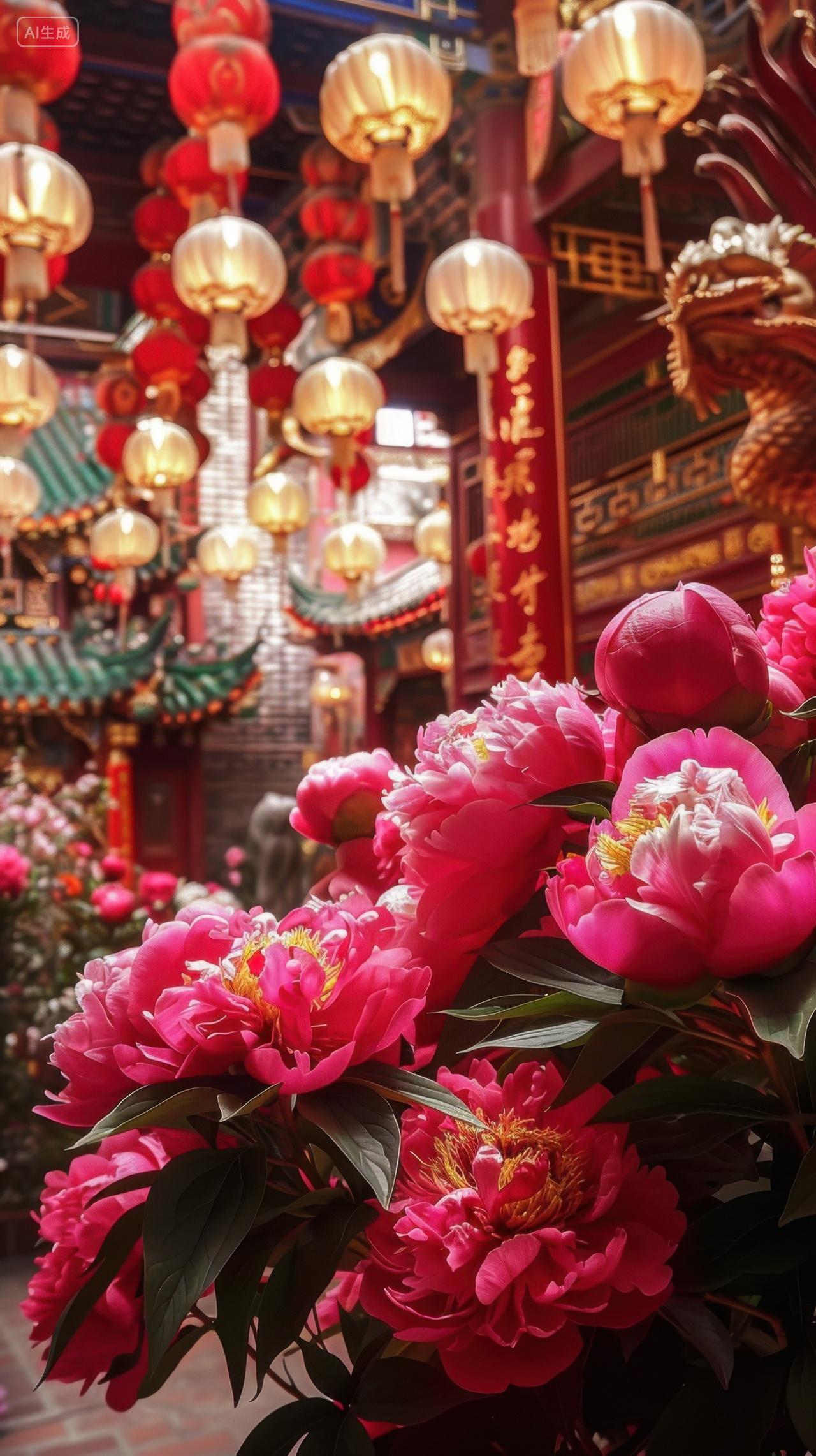 中式阁楼中的牡丹花