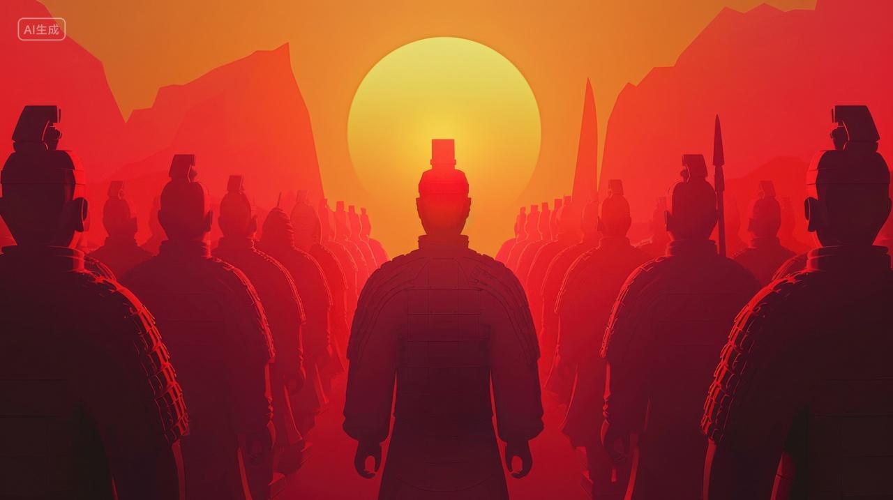 夕阳下的兵马俑剪影