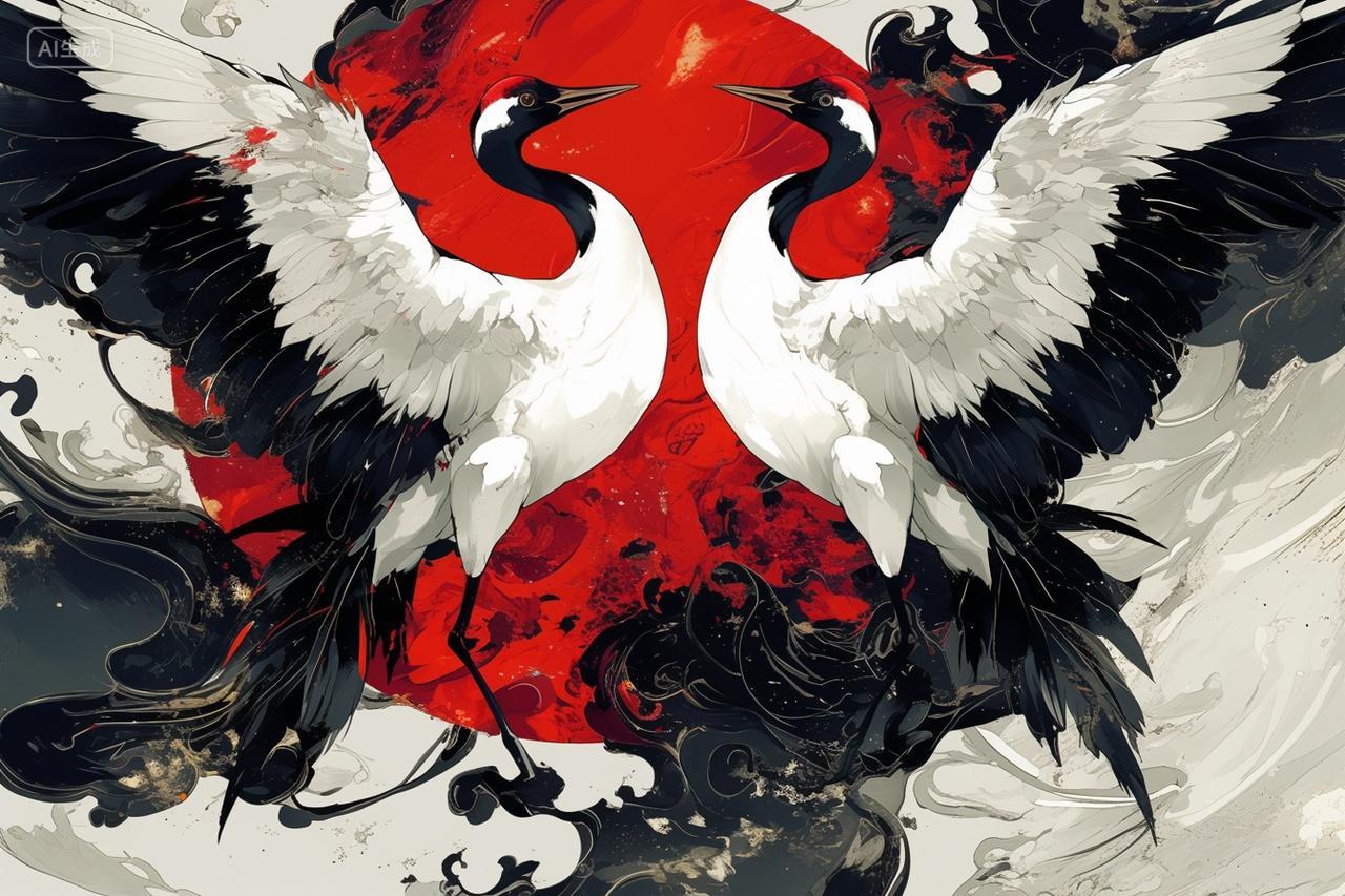 优雅鹤展翅白黑红配色古风宁静文化素材插画