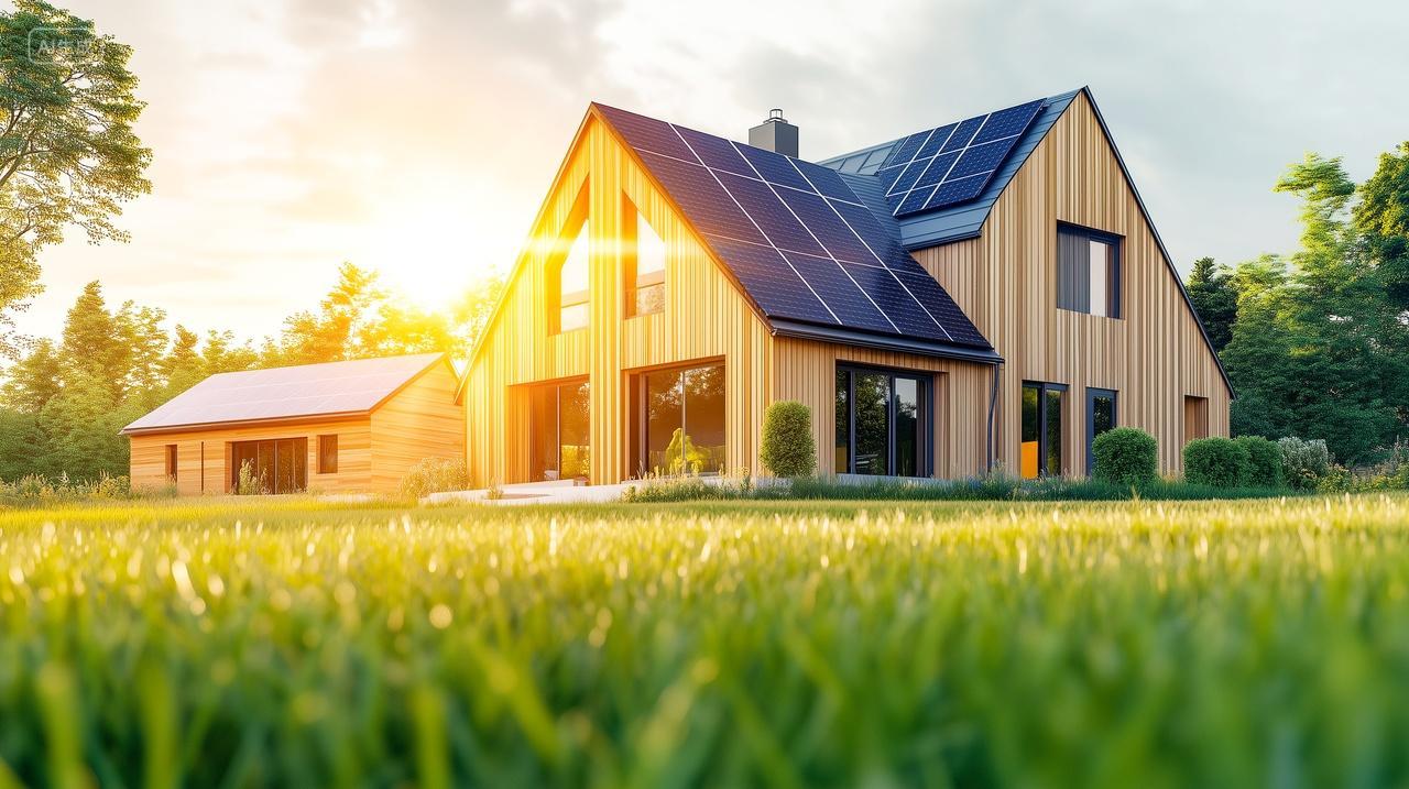 阳光照射在乡村房屋屋顶光伏太阳能电池板上
