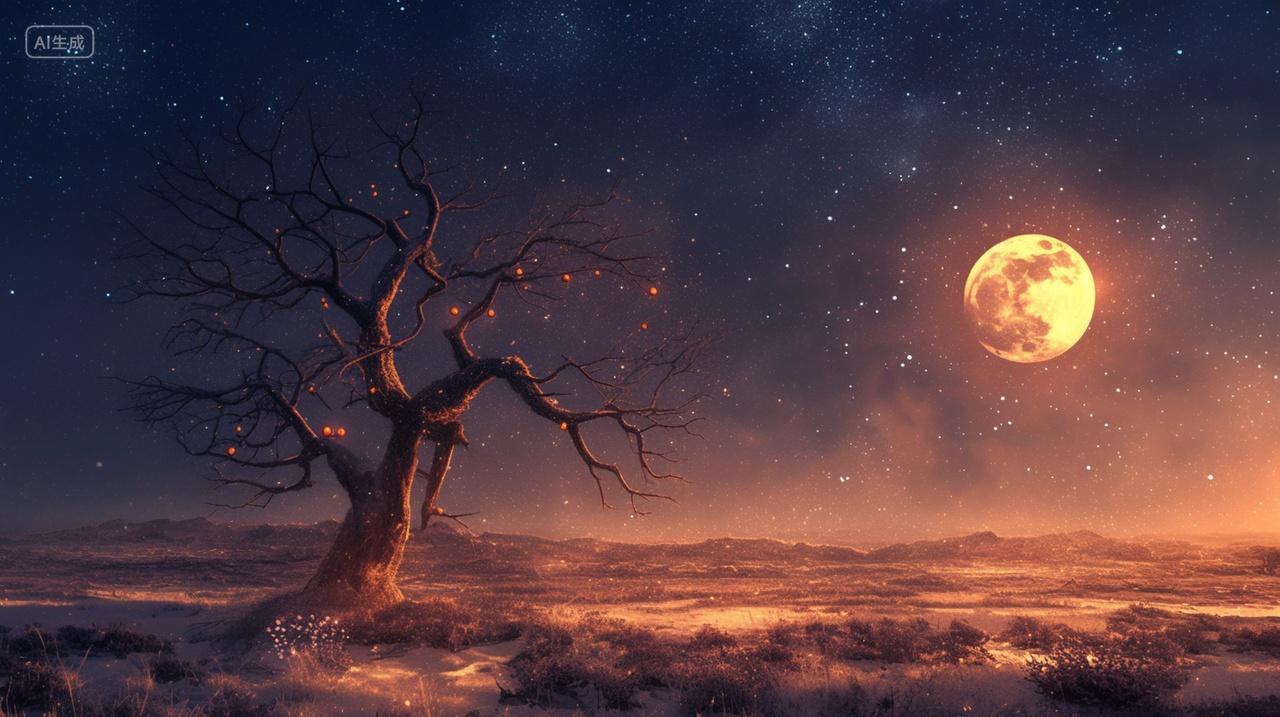 中秋节满月挂天空柿子挂枝头星空立秋秋季秋天秋分宁静素材背景