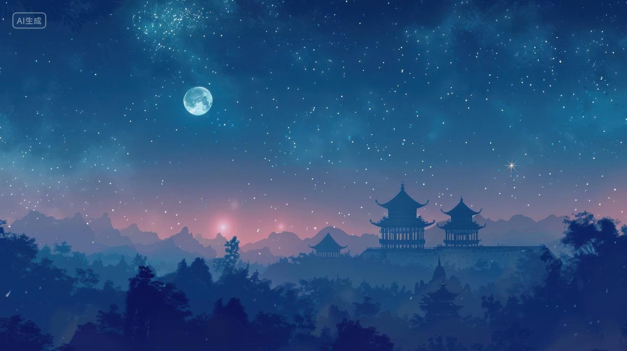 月光下的古建筑剪影